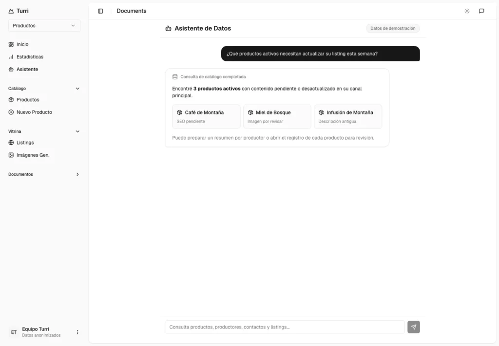 Sanitized example of a grounded catalog query in the Turri Operations Dashboard data assistant